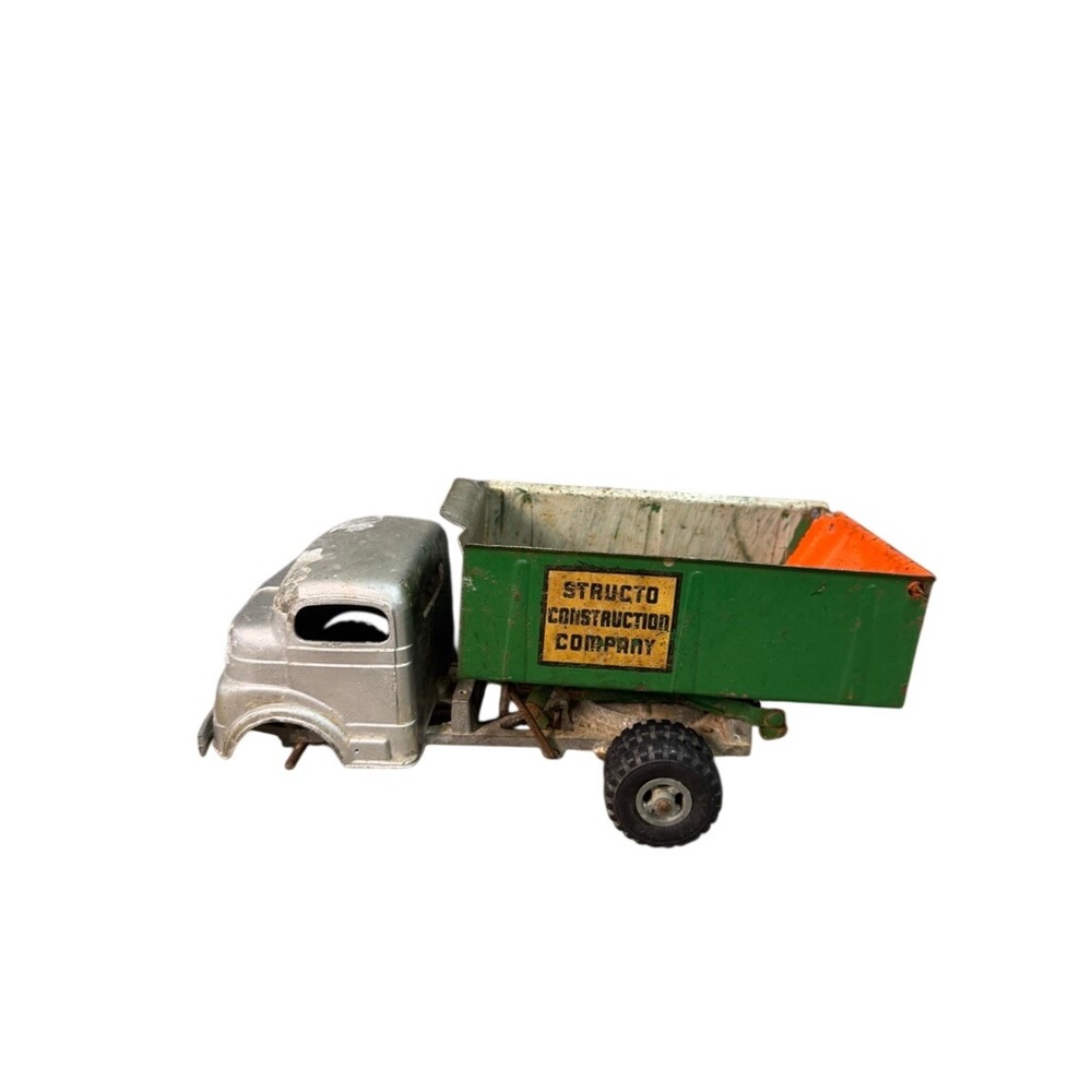 Vintage Structo Construction Company Pressed Steel Dump Truck Toy Silver Green